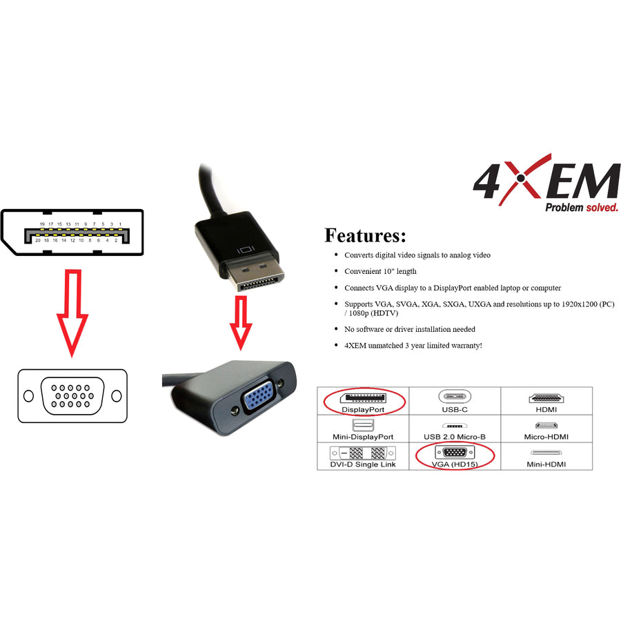 4XEM 10 in DisplayPort To VGA M/F Adapter Cable