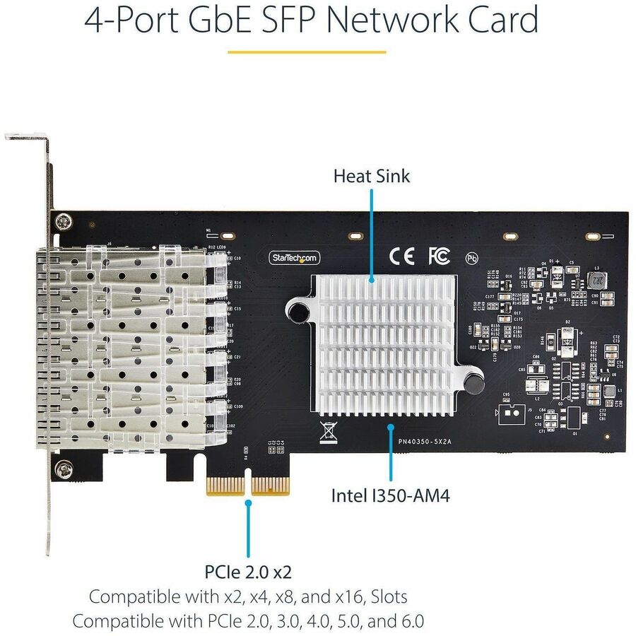 StarTech.com 4-Port GbE SFP Network Card, PCIe 2.0 x2 (x4, x8, x16 Compatible), Intel I350-AM4, Copper/Fiber Optic, Gigabit Ethernet