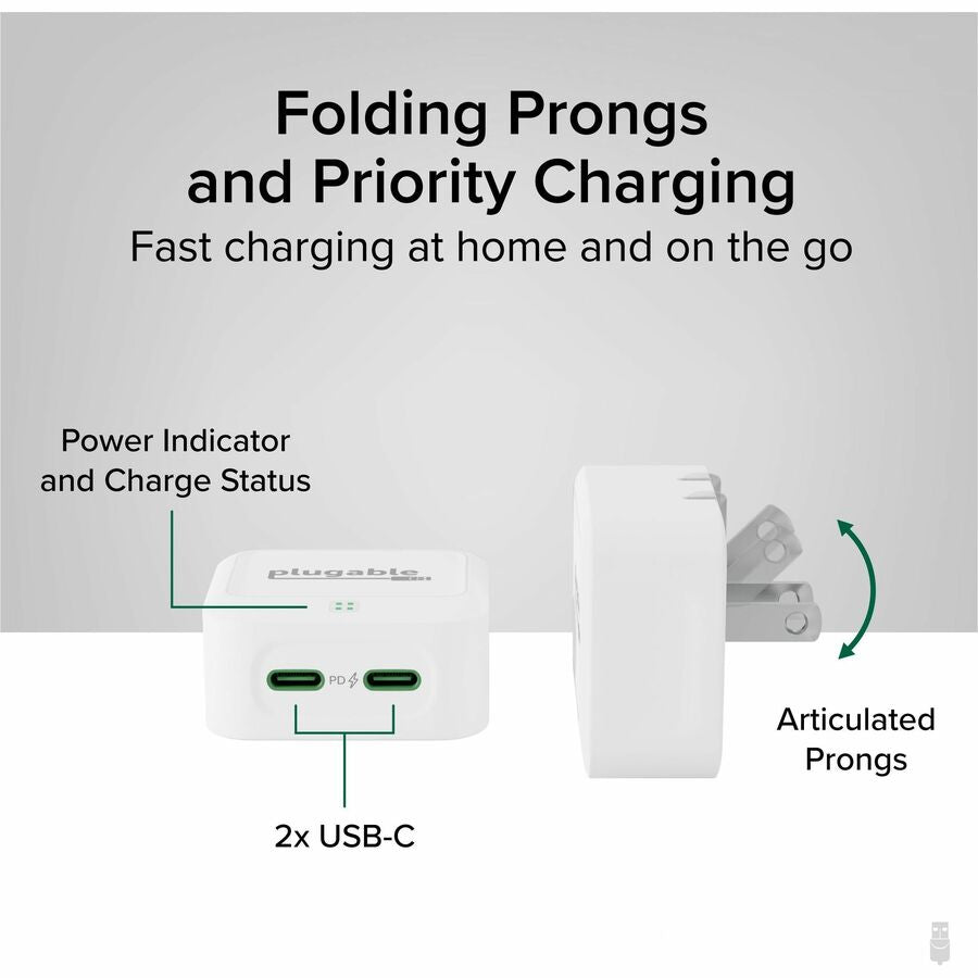 Plugable Dual USB C Charger Block, 40W Foldable 2-Port Fast Charging Flat USB C Wall Charger