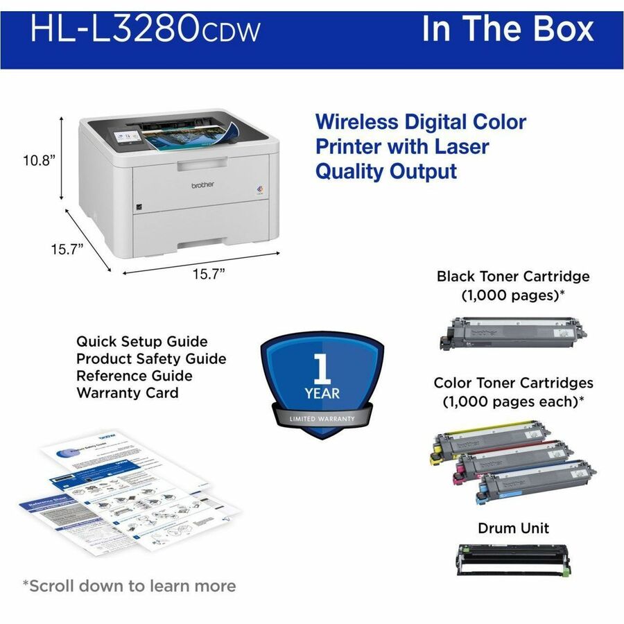 Brother HL-L3280CDW Wireless Compact Digital Color Printer with Laser Quality Output, Duplex and Mobile Printing & Ethernet