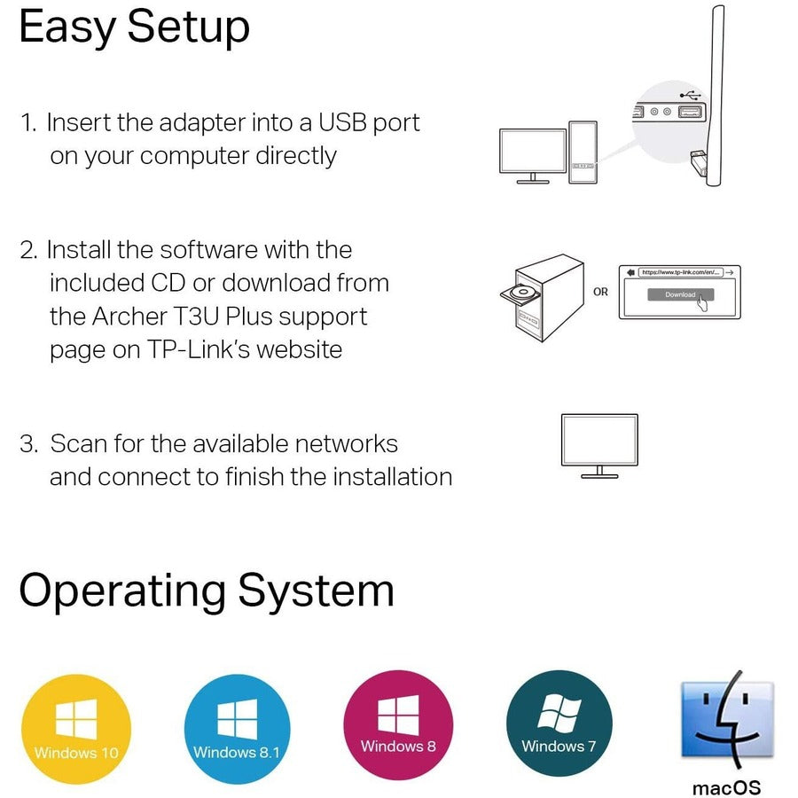 TP-Link Archer T3U Plus - IEEE 802.11ac Dual Band Wi-Fi Adapter for Desktop Computer/Notebook