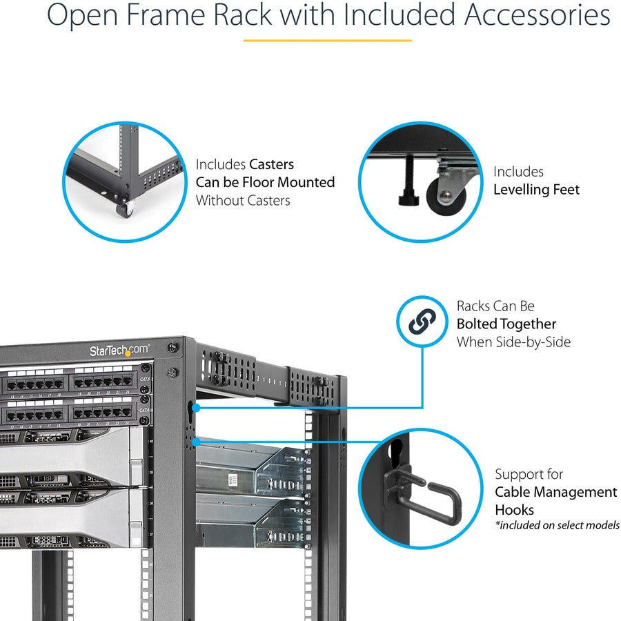 StarTech.com 4-Post 8U Mobile Open Frame Server Rack, 19in Network Rack with Casters, Small Rolling Rack for Computer/AV/Data/IT Equipment