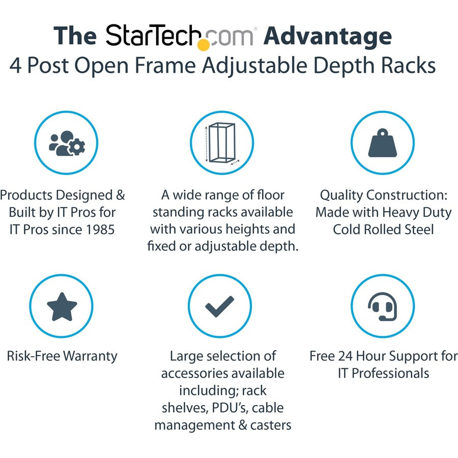 StarTech.com 4-Post 8U Mobile Open Frame Server Rack, 19in Network Rack with Casters, Small Rolling Rack for Computer/AV/Data/IT Equipment