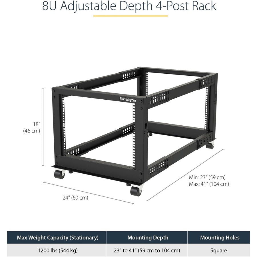 StarTech.com 4-Post 8U Mobile Open Frame Server Rack, 19in Network Rack with Casters, Small Rolling Rack for Computer/AV/Data/IT Equipment