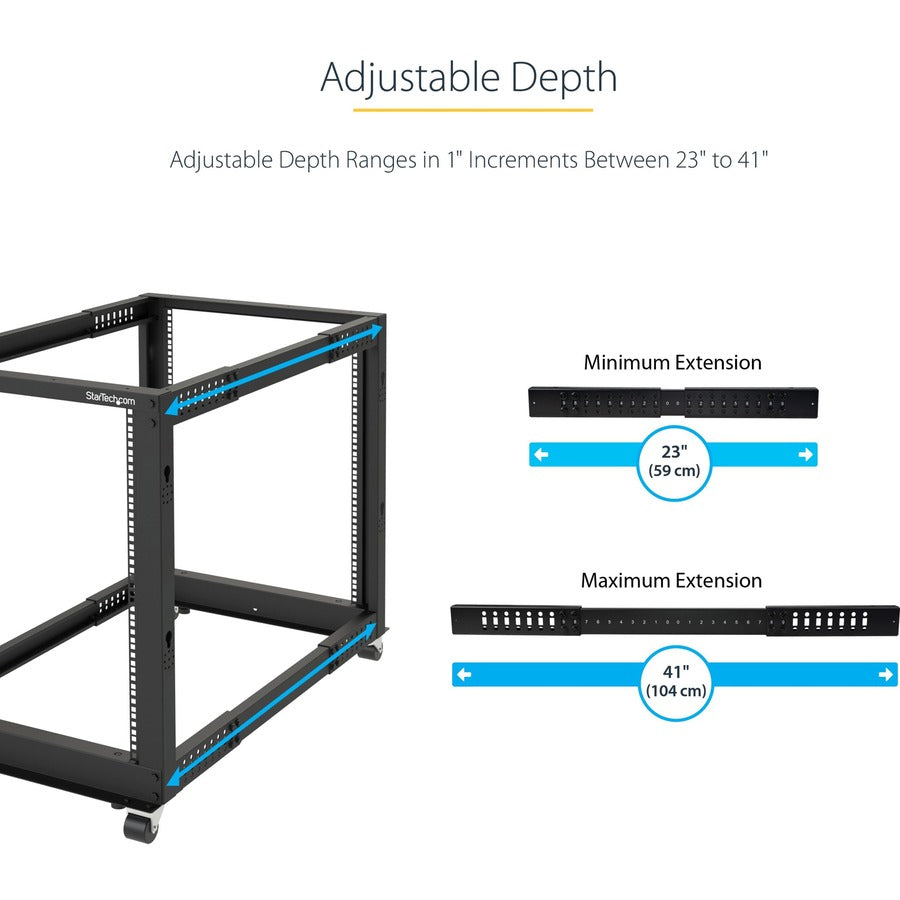 StarTech.com 4-Post 8U Mobile Open Frame Server Rack, 19in Network Rack with Casters, Small Rolling Rack for Computer/AV/Data/IT Equipment