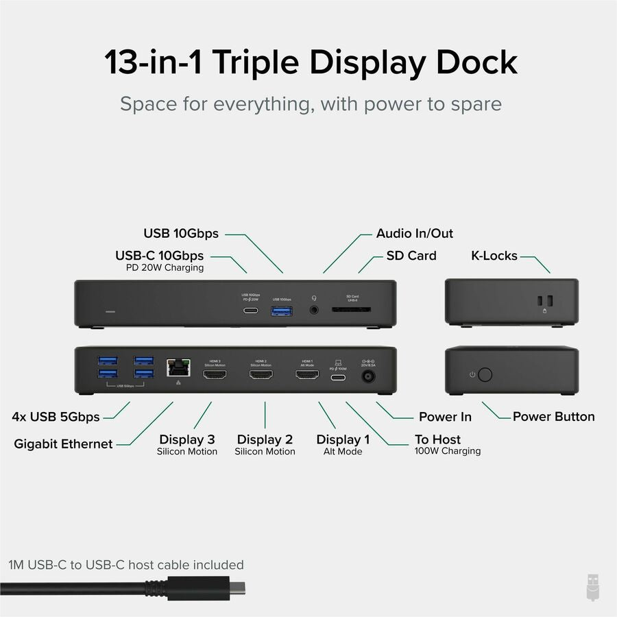 Plugable 13-in-1 USB-C Triple Monitor Laptop Docking Station with 100W Charging, 20W USB-C Charging - 3x HDMI