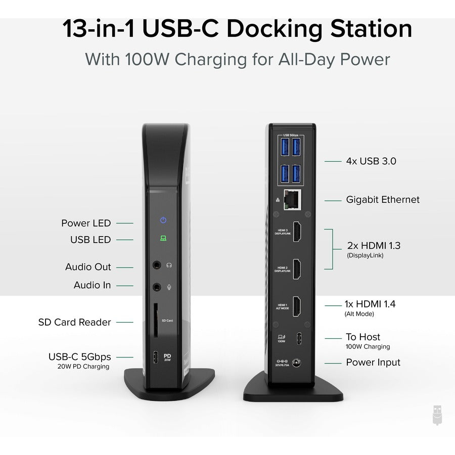 Plugable 13-in-1 USB-C Triple Monitor Docking Station with 100W Charging, Compatible with Windows, Mac, and Chrome with Thunderbolt 3 / 4 or USB-C