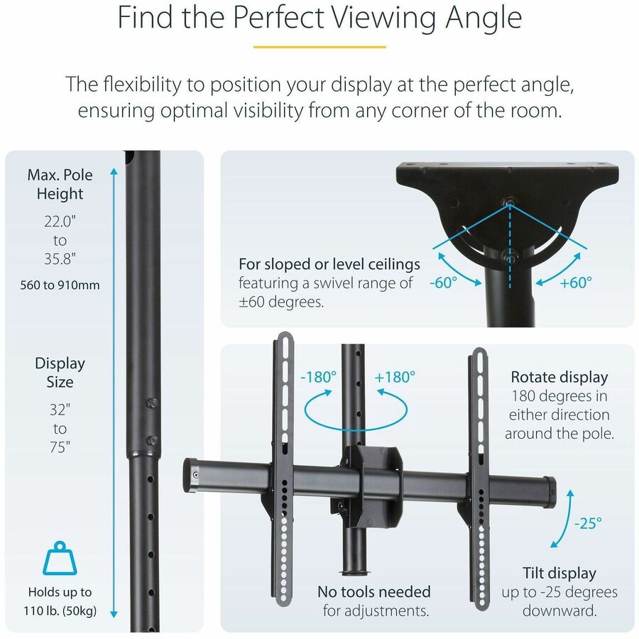 StarTech.com TV Ceiling Mount, Full-Motion Hanging Single Screen Vesa Mount for 32