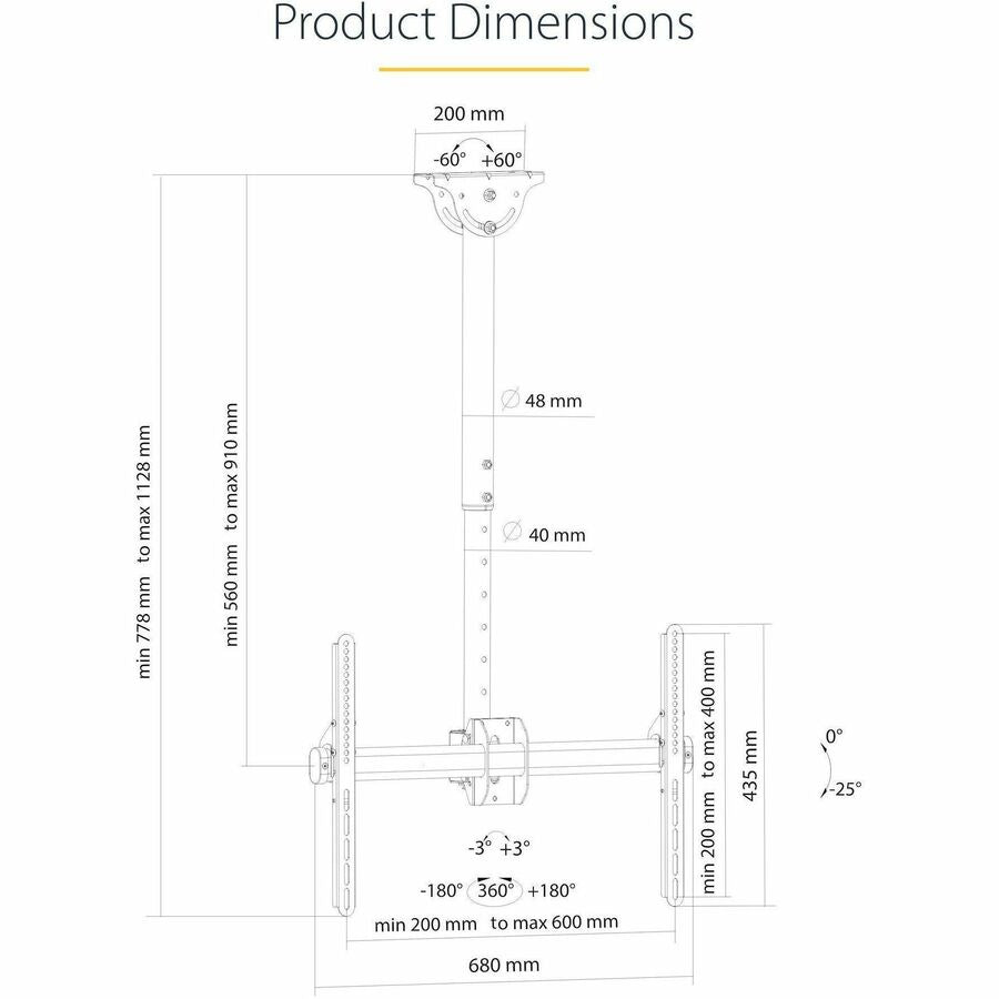 StarTech.com TV Ceiling Mount, Full-Motion Hanging Single Screen Vesa Mount for 32