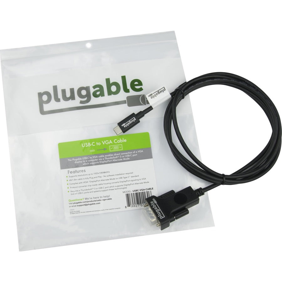 Plugable USB C to VGA Cable - Connect Your USB-C or Thunderbolt 3 Laptop to VGA Displays up to 1920x1080@60Hz