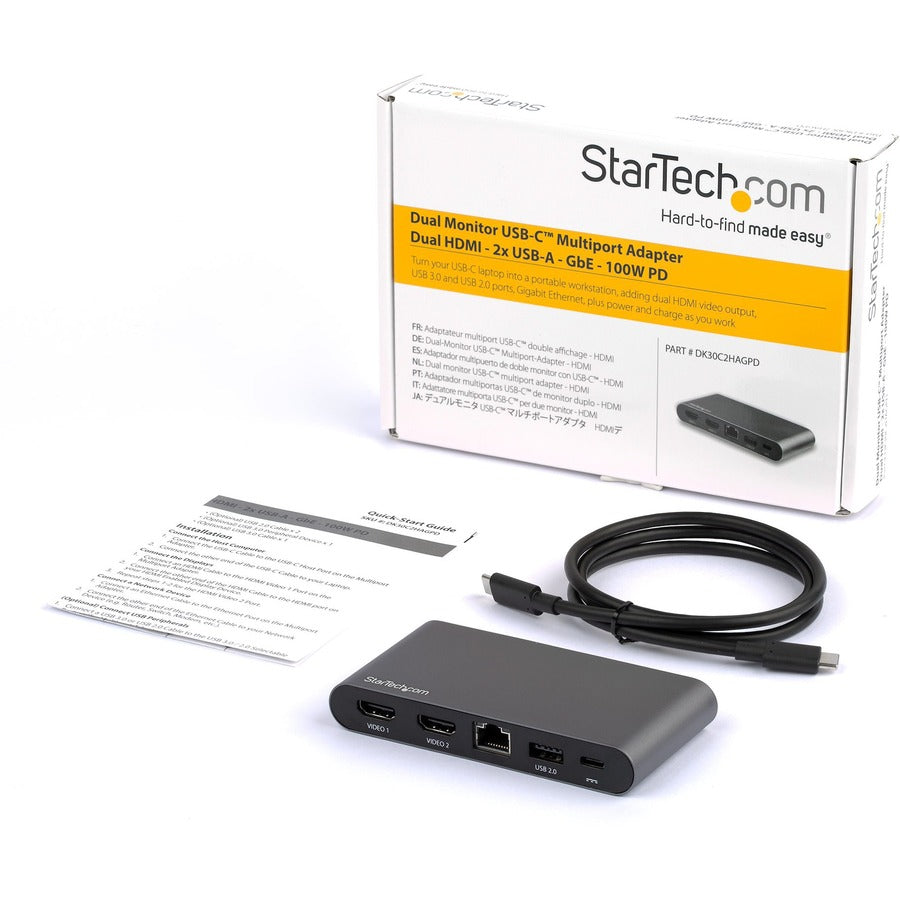 StarTech.com USB C Dock - 4K Dual Monitor HDMI USB-C Docking Station - 100W Power Delivery Passthrough, GbE, 2x USB-A - Multiport Adapter