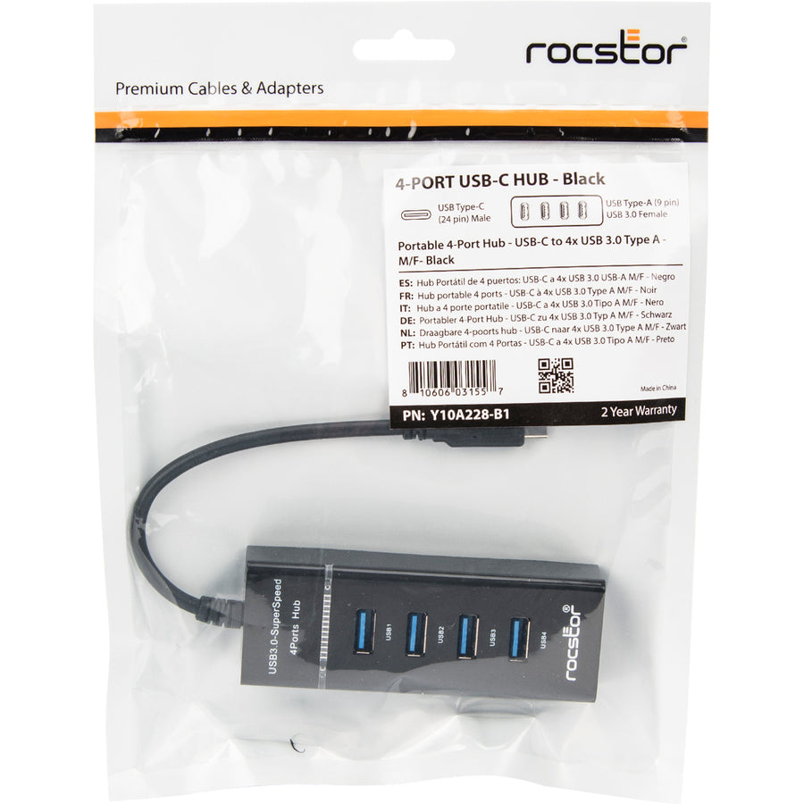 Rocstor Premium Slim Portable 4 Port Hub - USB-C to 4x USB-A Slim Hub - USB 3.0 Hub - Bus Powered - Black - USB C to USB Type-A Hub - USB Type C - External - USB-C 3.1 to 4 USB Type-A 3.0 Port(s) USB-A