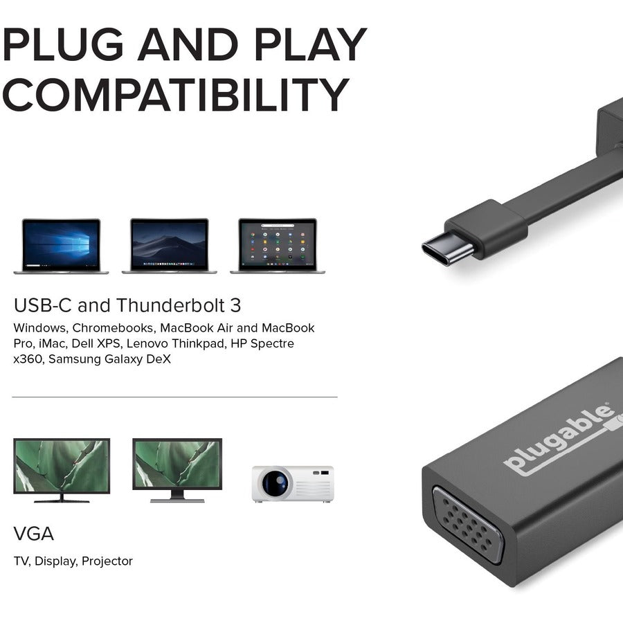 Plugable USB C to VGA Adapter, Thunderbolt 3 to VGA Adapter Compatible with Macbook Pro, Windows, Chromebooks, 2018 iPad Pro, Dell XPS, and more