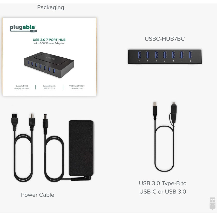 Plugable 7-in-1 USB Charging Hub with Data Transfer for Laptops with USB-C or USB 3.0