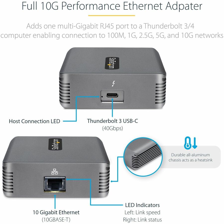 StarTech.com Thunderbolt 3 to Ethernet Adapter, 10GbE, Multi-Gigabit Thunderbolt 3 to RJ45 Network Adapter, TB3/TB4 10GbE NIC