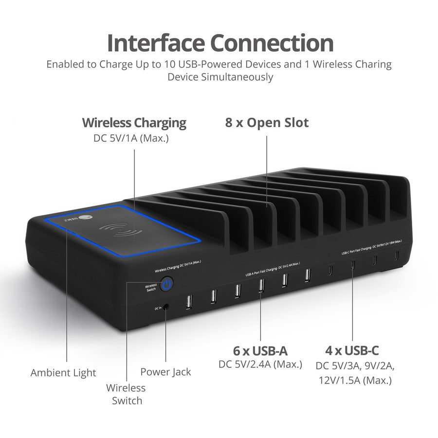 SIIG 10-Port USB-A/C & Wireless Charging Station - 150W