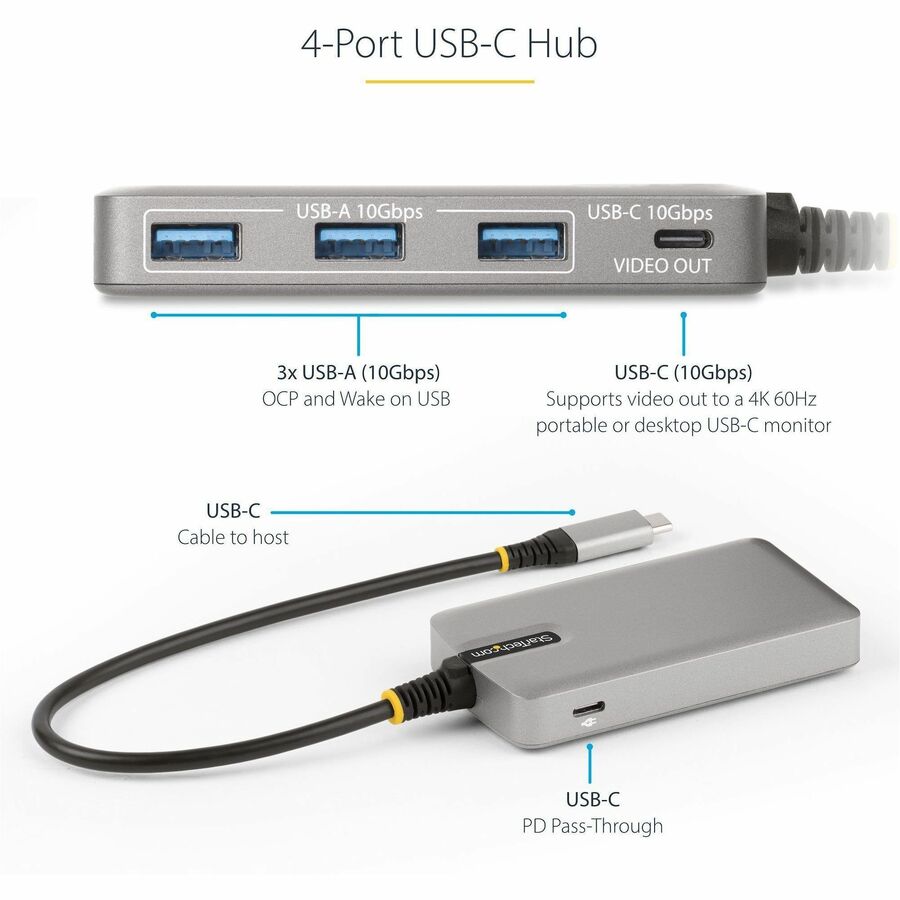 StarTech.com 4-Port USB-C Hub with USB-C DP Alt Mode Video Output, 3x USB-A, 1x USB-C, 100W Power Delivery Pass-Through, USB 3.2 10Gbps