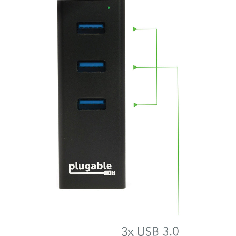 Plugable USB Hub with Ethernet, 3 Port USB 3.0 Bus Powered Hub with Gigabit Ethernet