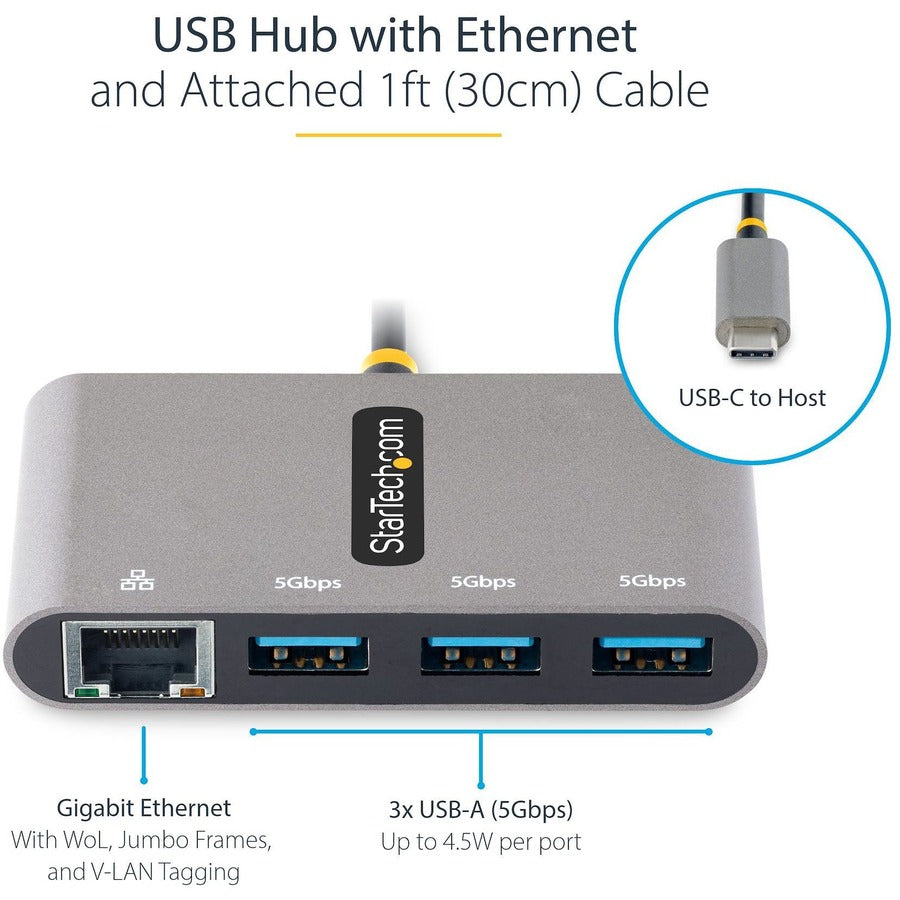 StarTech.com 3-Port USB-C Hub with Ethernet, 3x USB-A, Gigabit Ethernet, USB 3.0 5Gbps, Bus-Powered, Portable Laptop USB Type-C Hub w/ GbE