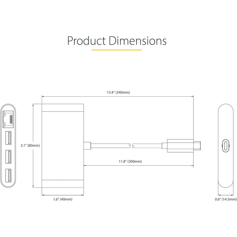 StarTech.com 3-Port USB-C Hub with Ethernet, 3x USB-A, Gigabit Ethernet, USB 3.0 5Gbps, Bus-Powered, Portable Laptop USB Type-C Hub w/ GbE