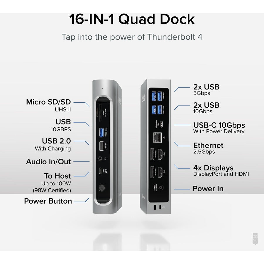 Plugable 16-in-1 Thunderbolt 4 Dock with 100W Charging, 4K Quad Monitor Setup for Thunderbolt 4 Windows Laptops