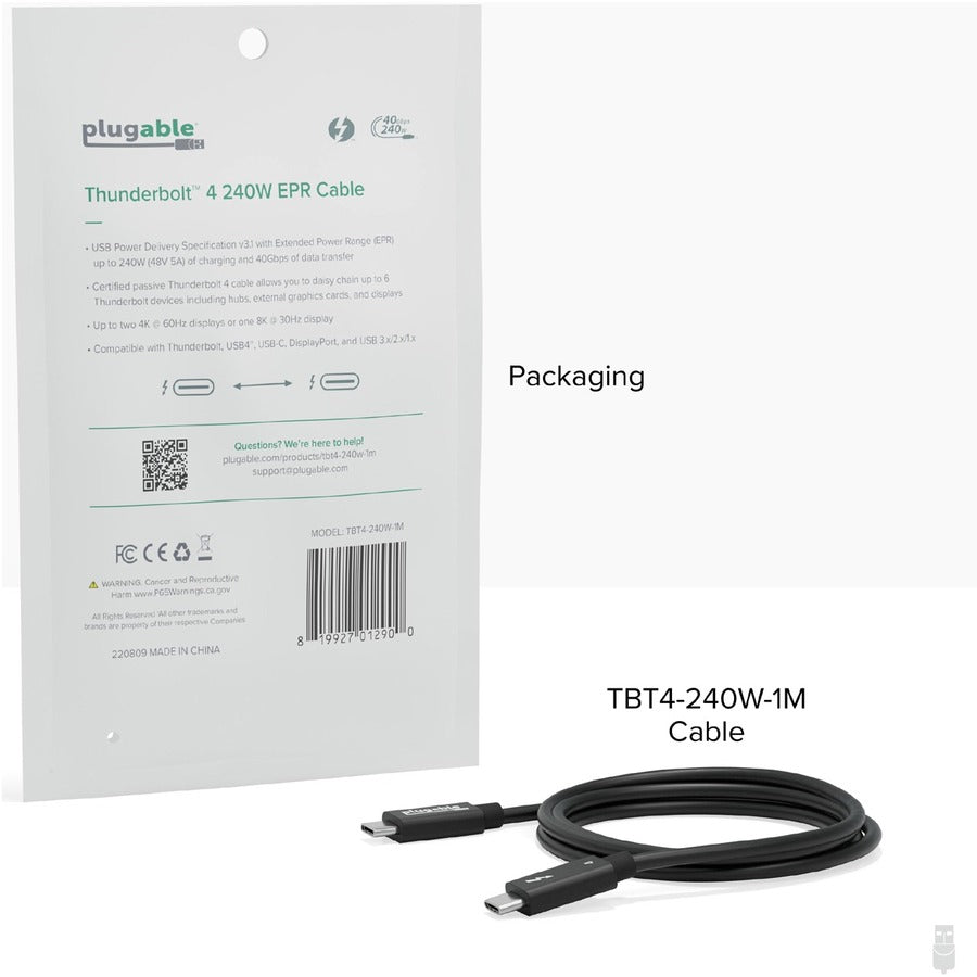 Plugable Thunderbolt 4 Cable with 240W Charging, Thunderbolt Certified, 3.3 Feet (1M),1x 8K Display, 40 Gbps