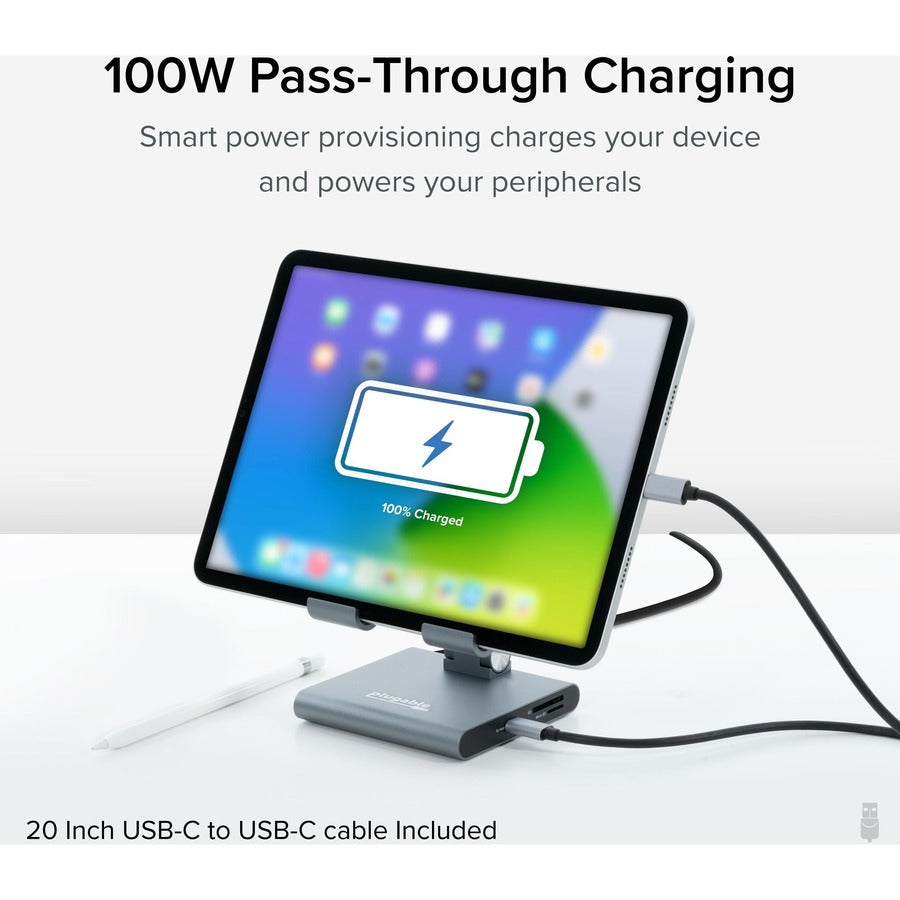 Plugable 8-in-1 USB C Docking Station for iPad with Stand, 100W Pass-through Charging USB-C Hub