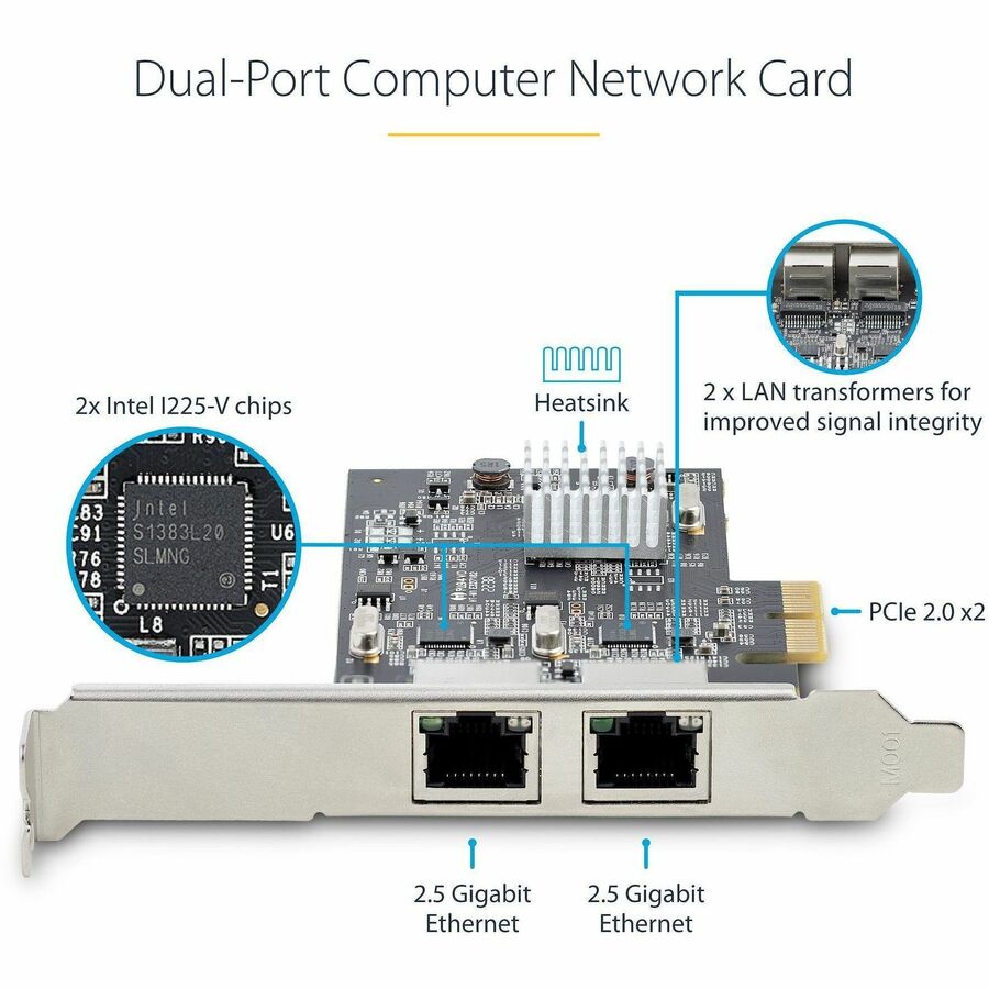 StarTech.com 2-Port 2.5G NBASE-T PCIe Network Card, Computer Network Card Interface, Intel® I225-V, Dual-Port Ethernet, Multi-Gigabit NIC