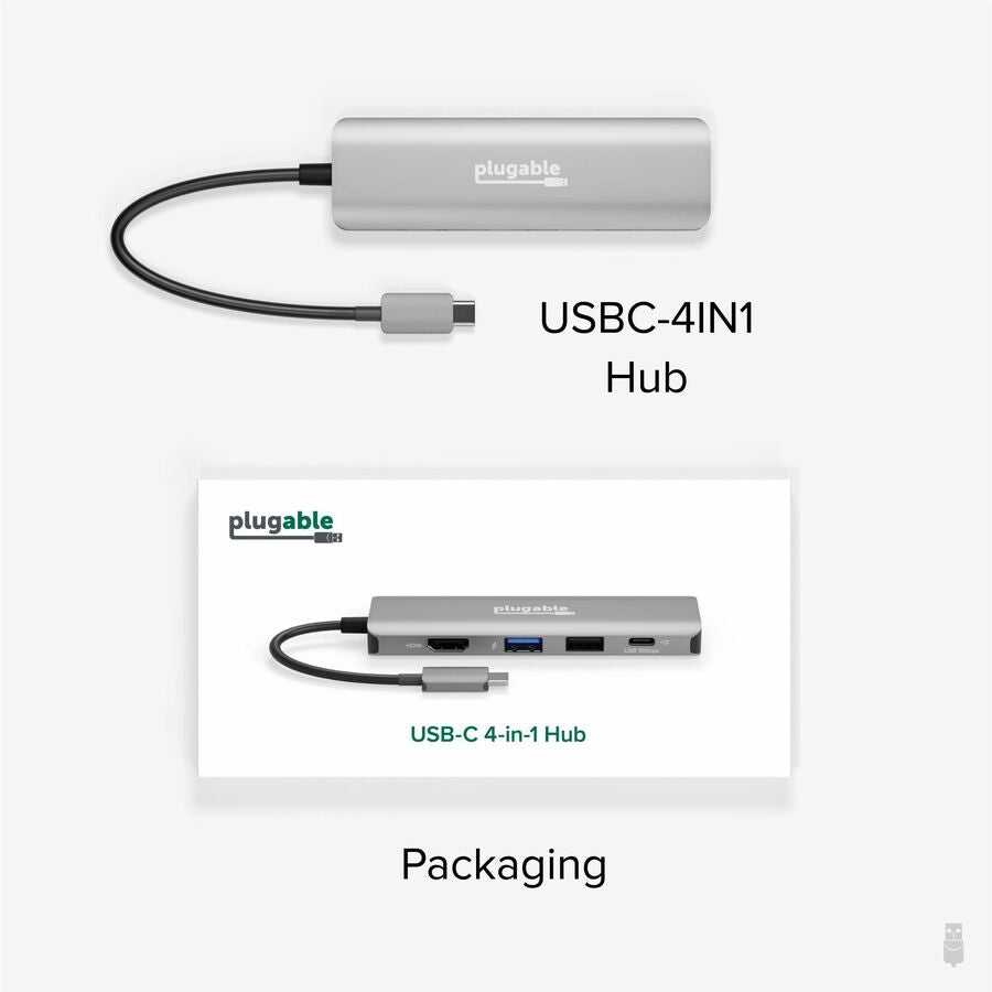 Plugable USB C Hub Multiport Adapter, 4 in 1, 100W Pass Through Charging, USB C to HDMI 4K 60Hz