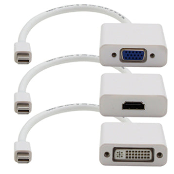 3PK Mini-DisplayPort 1.1 Male to DVI, HDMI, VGA Female White Adapters Which Comes in a Bundle For Resolution Up to 1920x1200 (WUXGA)