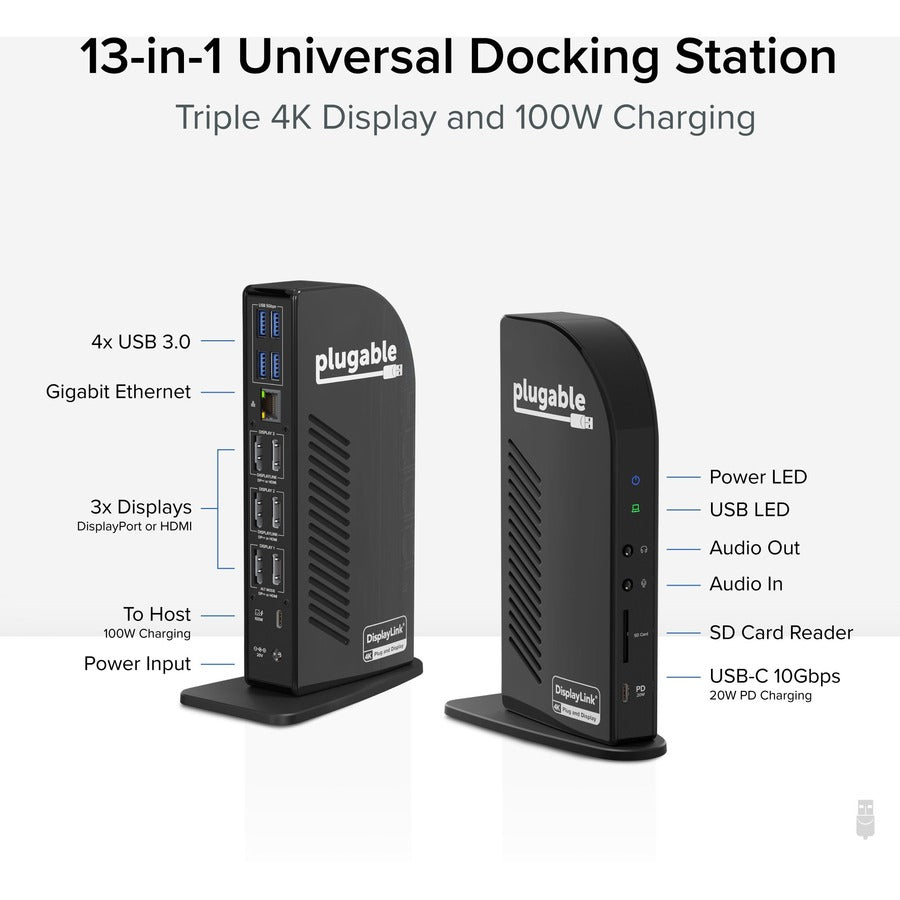 Plugable 4K USB C Docking Station Triple Monitor with 100W Charging