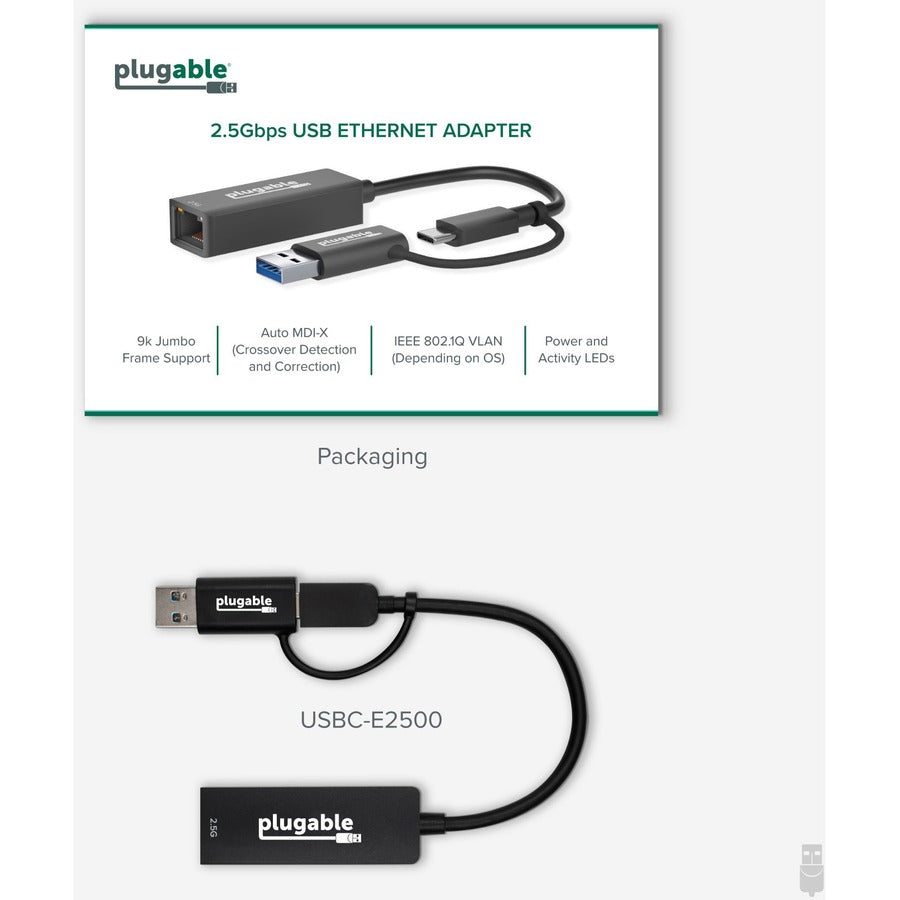 Plugable 2.5G USB C and USB to Ethernet Adapter - 2-in-1 Adapter