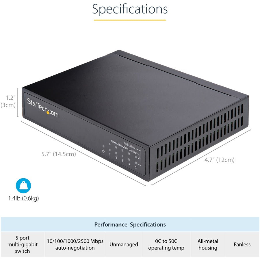 StarTech.com Unmanaged 2.5G Switch, 5 Port 2.5GBASE-T Unmanaged Ethernet Switch, Din Rail | Wall Mount, Multi-Gigabit, Auto-MDIX, 9K Jumbo