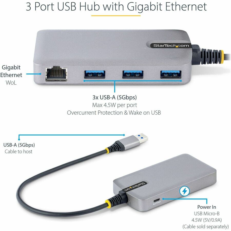 StarTech.com 3-Port USB Hub with Ethernet, USB-A Ports, Gigabit Ethernet/GbE, 5Gbps, Bus-Powered, 1ft/30cm Cable, Portable Laptop USB Hub