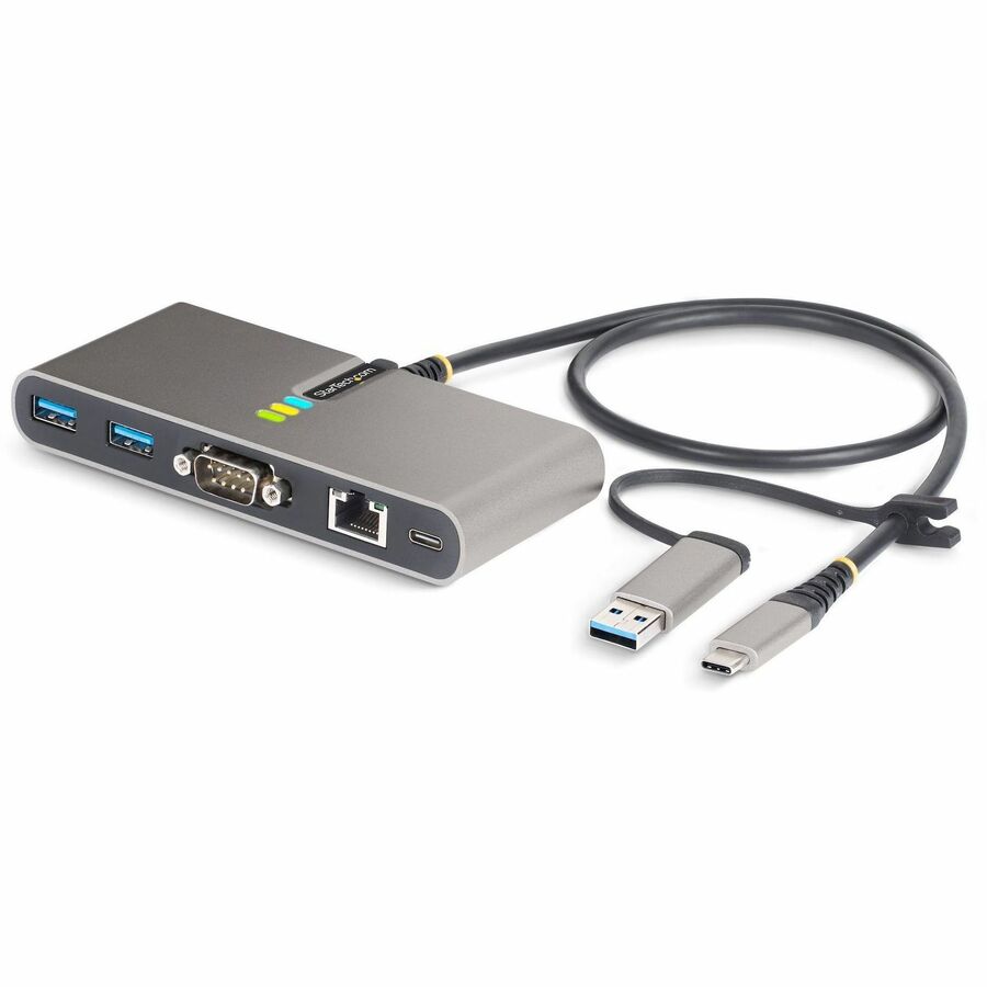 StarTech.com 2-Port USB-C Hub with Gb Ethernet and RS232 FTDI Serial, Attached USB-C to USB-A Dongle, 100W PD Pass-Through, 2x USB-A 5Gbps