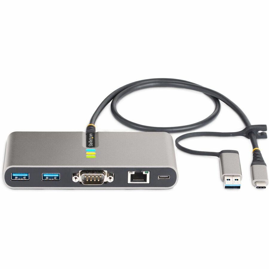 StarTech.com 2-Port USB-C Hub with Gb Ethernet and RS232 FTDI Serial, Attached USB-C to USB-A Dongle, 100W PD Pass-Through, 2x USB-A 5Gbps