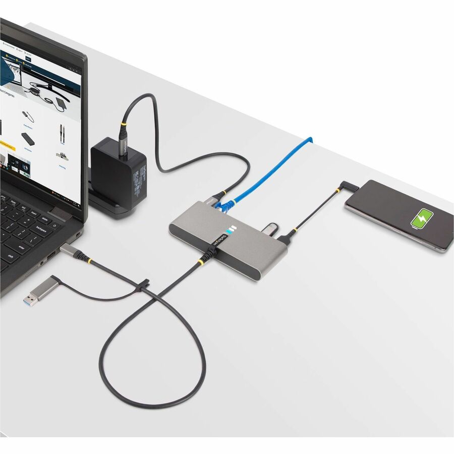 StarTech.com 2-Port USB-C Hub with Gb Ethernet and RS232 FTDI Serial, Attached USB-C to USB-A Dongle, 100W PD Pass-Through, 2x USB-A 5Gbps