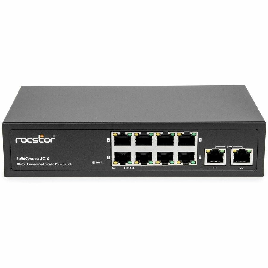 Rocstor 10-Port Gigabit Desktop Switch with 8-Port PoE+, 2x Gigabit RJ45 Uplink Port