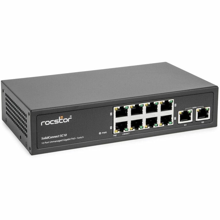 Rocstor 10-Port Gigabit Desktop Switch with 8-Port PoE+, 2x Gigabit RJ45 Uplink Port