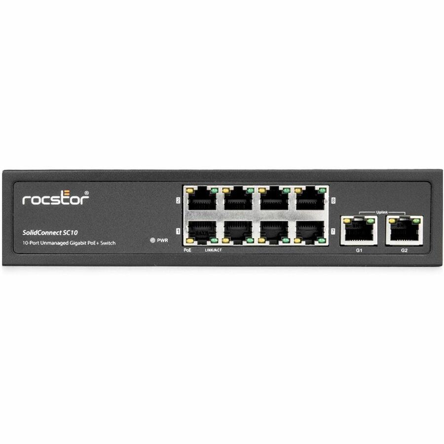 Rocstor 10-Port Gigabit Desktop Switch with 8-Port PoE+, 2x Gigabit RJ45 Uplink Port