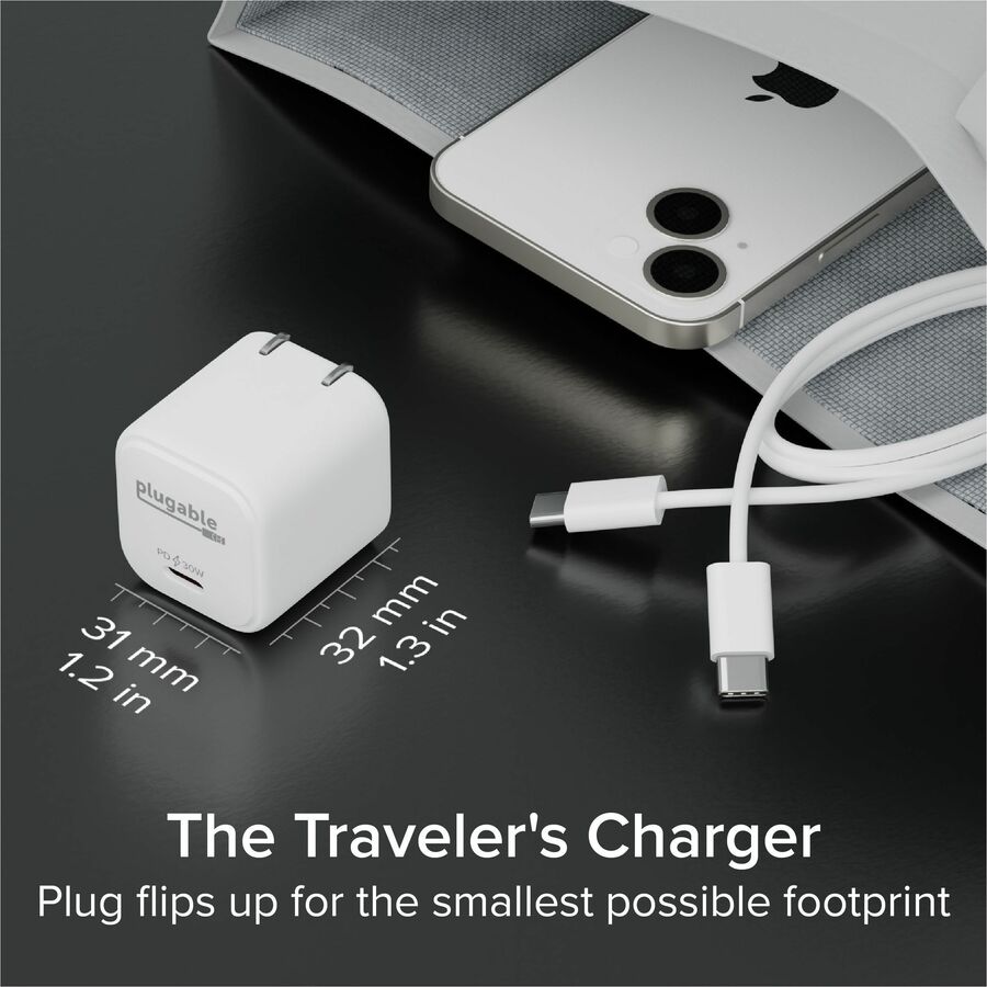 Plugable GaN USB C Charger Block, 30W Portable Charger, Foldable Prongs, 3 Pack