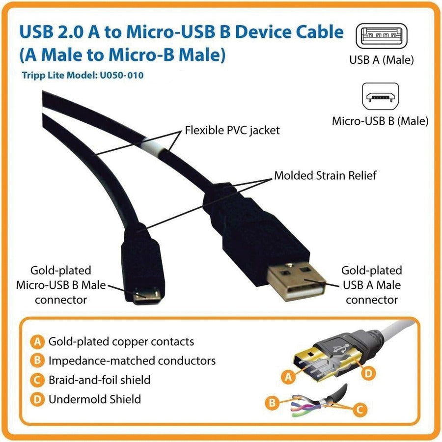 Eaton Tripp Lite Series USB 2.0 A to Micro-B Cable (M/M), 10 ft. (3.05 m)