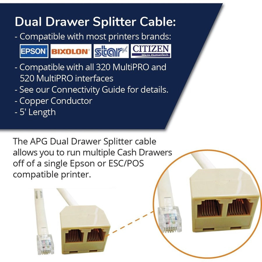 apg Printer Interface Cable | CD-D1D2EP Dual Drawer Splitter Cable | RJ-12 Male Splitter Cable for Epson Printers