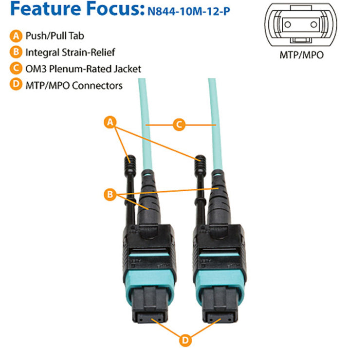 Eaton Tripp Lite Series MTP/MPO Patch Cable with Push/Pull Tabs, 12 Fiber, 40GbE, 40GBASE-SR4, OM3 Plenum-Rated - Aqua, 10M (33 ft.)