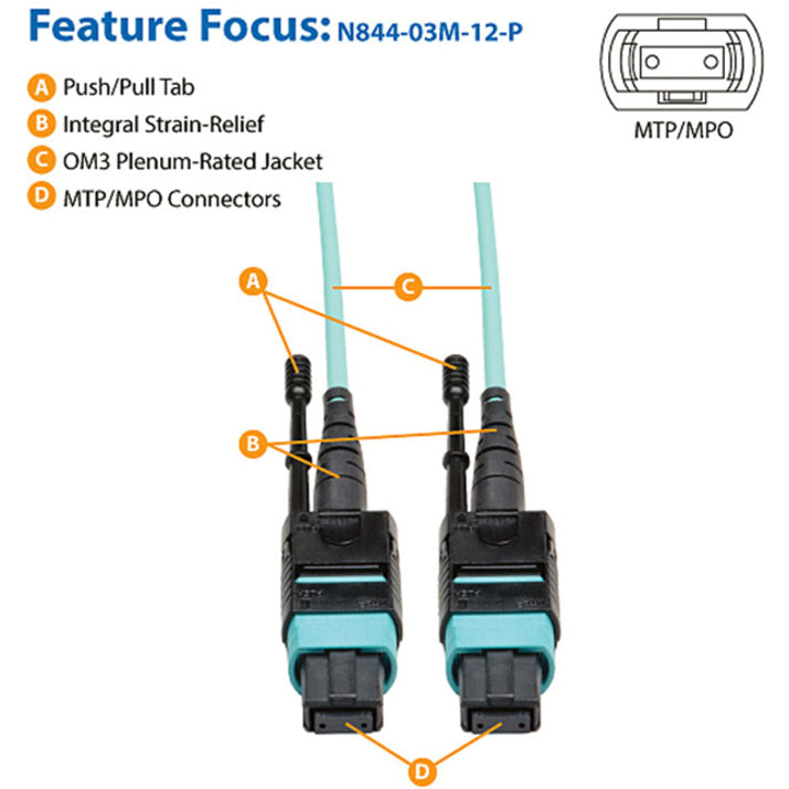 Eaton Tripp Lite Series MTP/MPO Patch Cable with Push/Pull Tabs, 12 Fiber, 40GbE, 40GBASE-SR4, OM3 Plenum-Rated - Aqua, 3M (10 ft.)