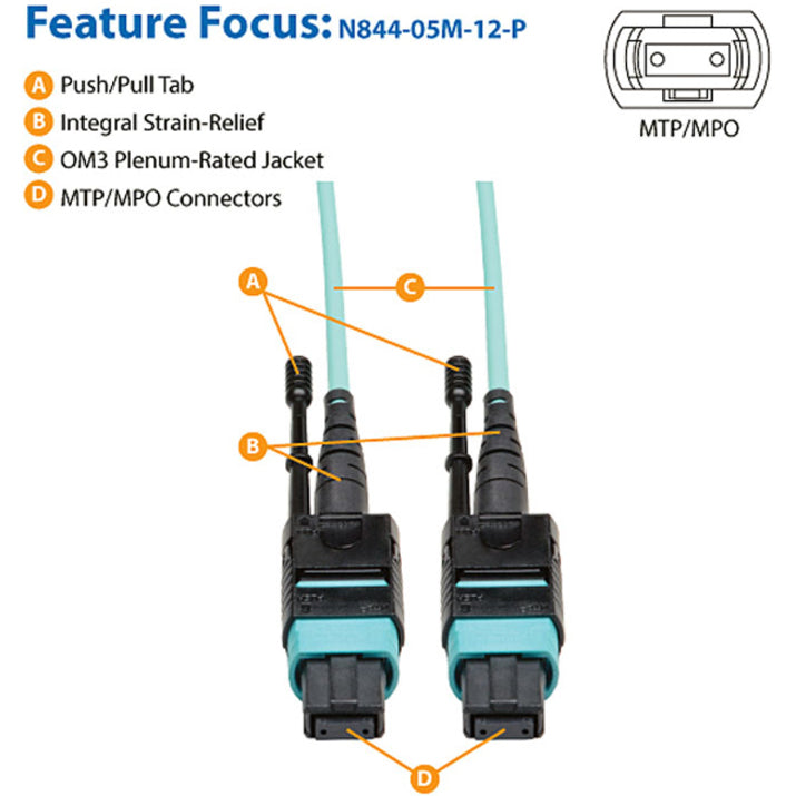 Eaton Tripp Lite Series MTP/MPO Patch Cable, 12 Fiber, 40GbE, 40GBASE-SR4, OM3 Plenum-Rated - Aqua, 5M (16 ft.)