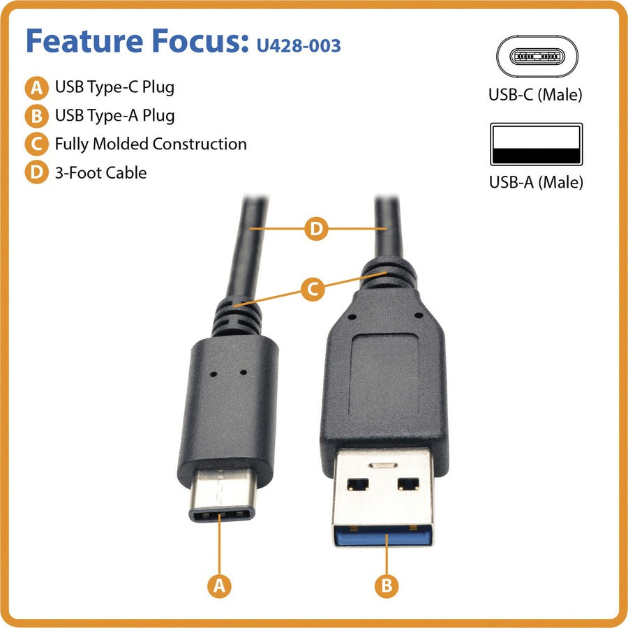 Eaton Tripp Lite Series USB-C to USB-A Cable (M/M), USB 3.2 Gen 1 (5 Gbps), Thunderbolt 3 Compatible, 3 ft. (0.91 m)