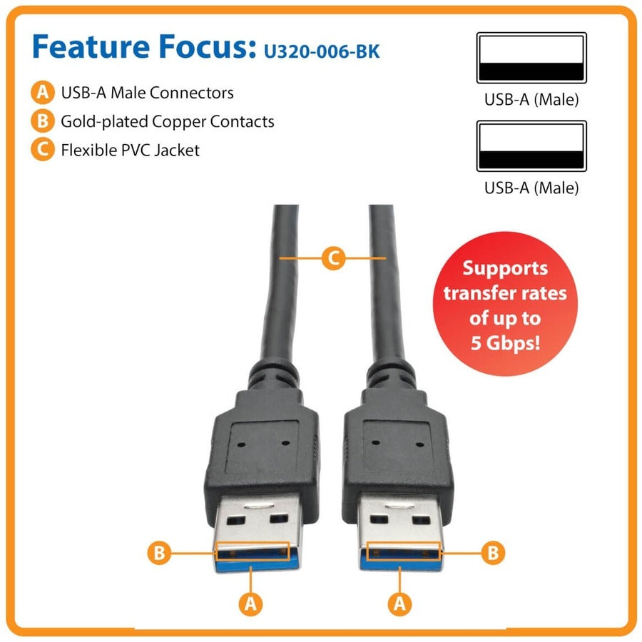 Eaton Tripp Lite Series USB 3.0 SuperSpeed A/A Cable (M/M), Black, 6 ft. (1.83 m)