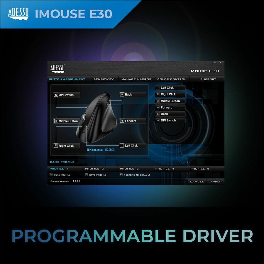 Adesso iMouse E30 - 2.4 GHz Wireless Vertical Programmable Mouse