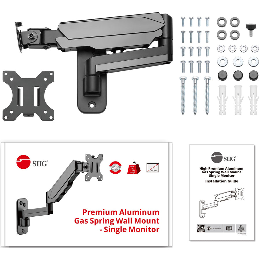 High Premium Aluminum Gas Spring Wall Mount - Single Monitor 17